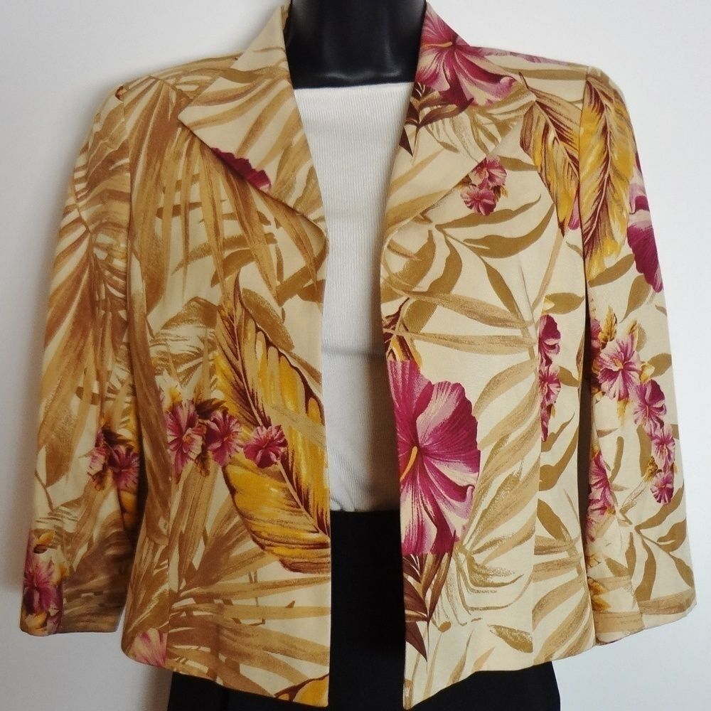 Peck & Peck Women's Size 2P Hibiscus Print Jacket Beige Red Petite Floral